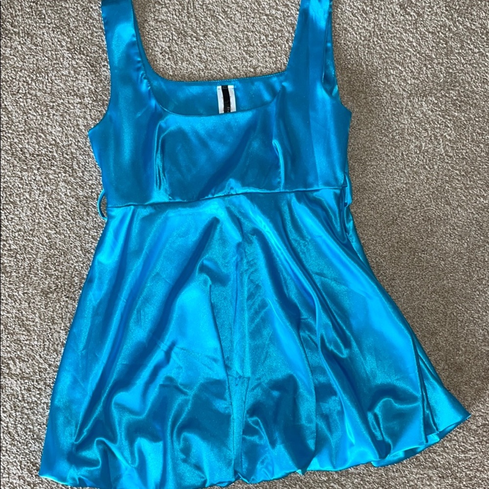 Silky bright blue cyan mini homecoming dress